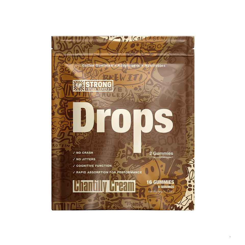 Strong Coffee Company coffee drops bottle showing on the go energy without jitters