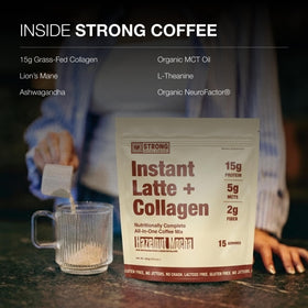 Scoop of collagen, lion's mane, and nootropics beside STRONG COFFEE COMPANY latte mix.