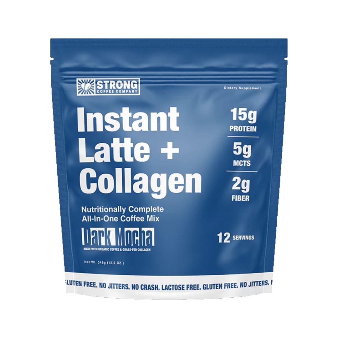 Strong Coffee Company Dark Mocha Instant Latte bottle highlighting collagen protein for steady energy.