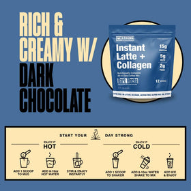 Steaming cup of Strong Coffee Company Dark Mocha Instant Latte with aroma and focus support.