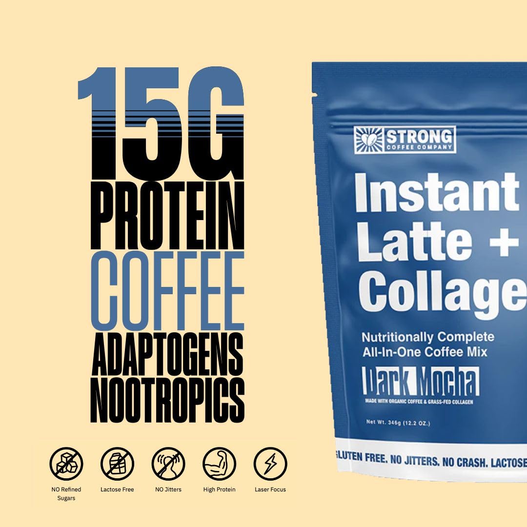 Label of Strong Coffee Company Dark Mocha Instant Latte shows organic coffee and collagen blend.