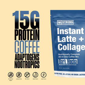 Label of Strong Coffee Company Dark Mocha Instant Latte shows organic coffee and collagen blend.