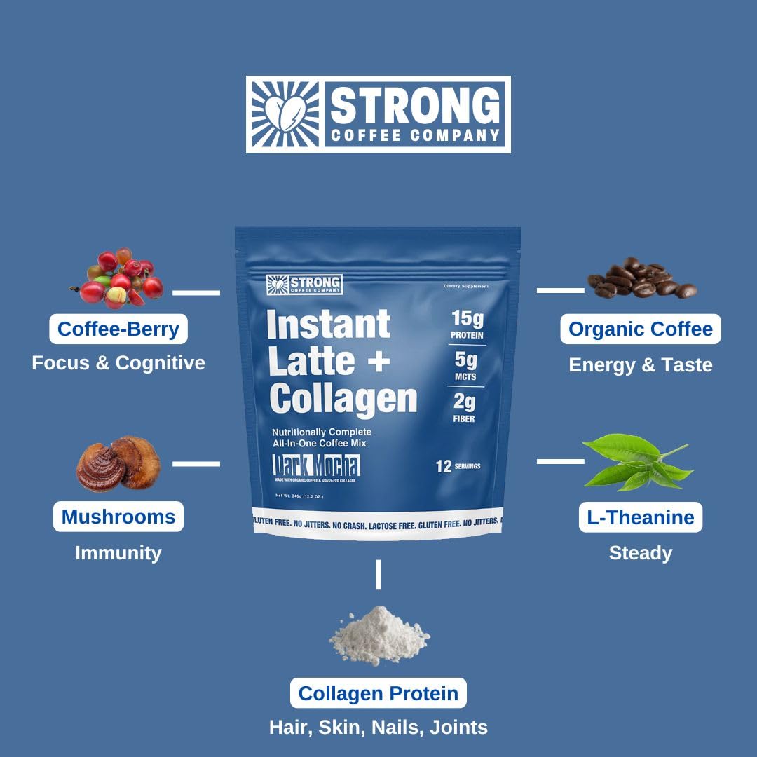Strong Coffee Company Dark Mocha Instant Latte being poured for hot, creamy quick energy.