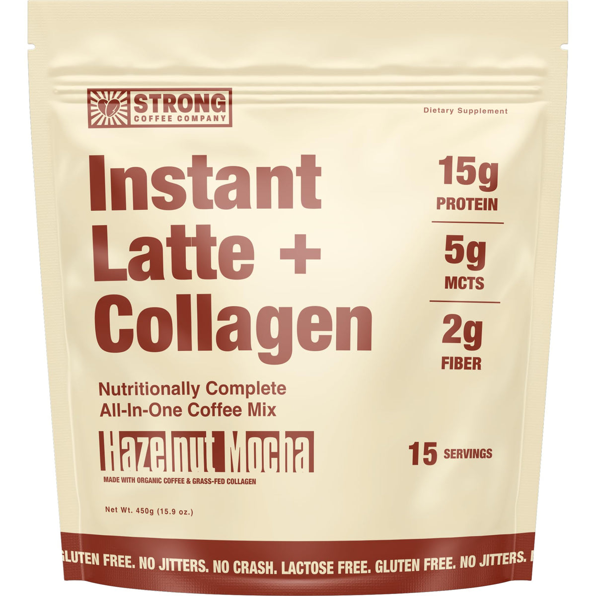 STRONG COFFEE COMPANY Hazelnut Instant Latte packaging showing 15 servings for convenience.