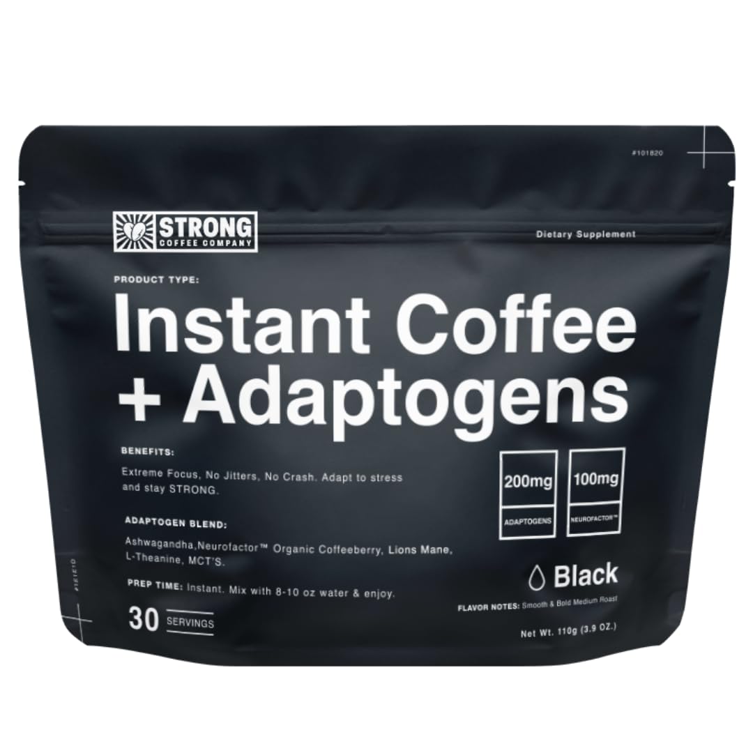 STRONG COFFEE COMPANY Instant Black Coffee bag shows bold aroma and convenient packaging for quick mornings