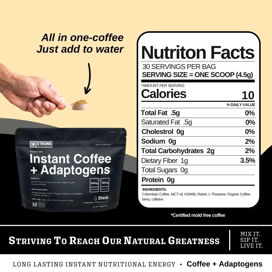 STRONG COFFEE COMPANY Instant Black Coffee cup steaming ready for hot or iced coffee