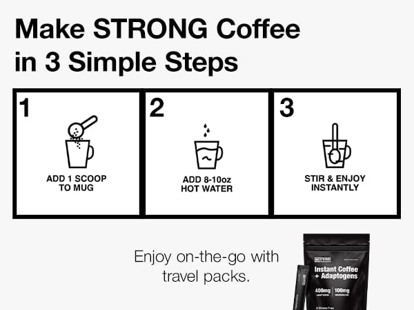 STRONG COFFEE COMPANY Instant Black Coffee packets designed for travel and work
