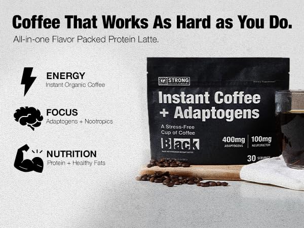STRONG COFFEE COMPANY instant coffee bag label highlights USA-made quality.