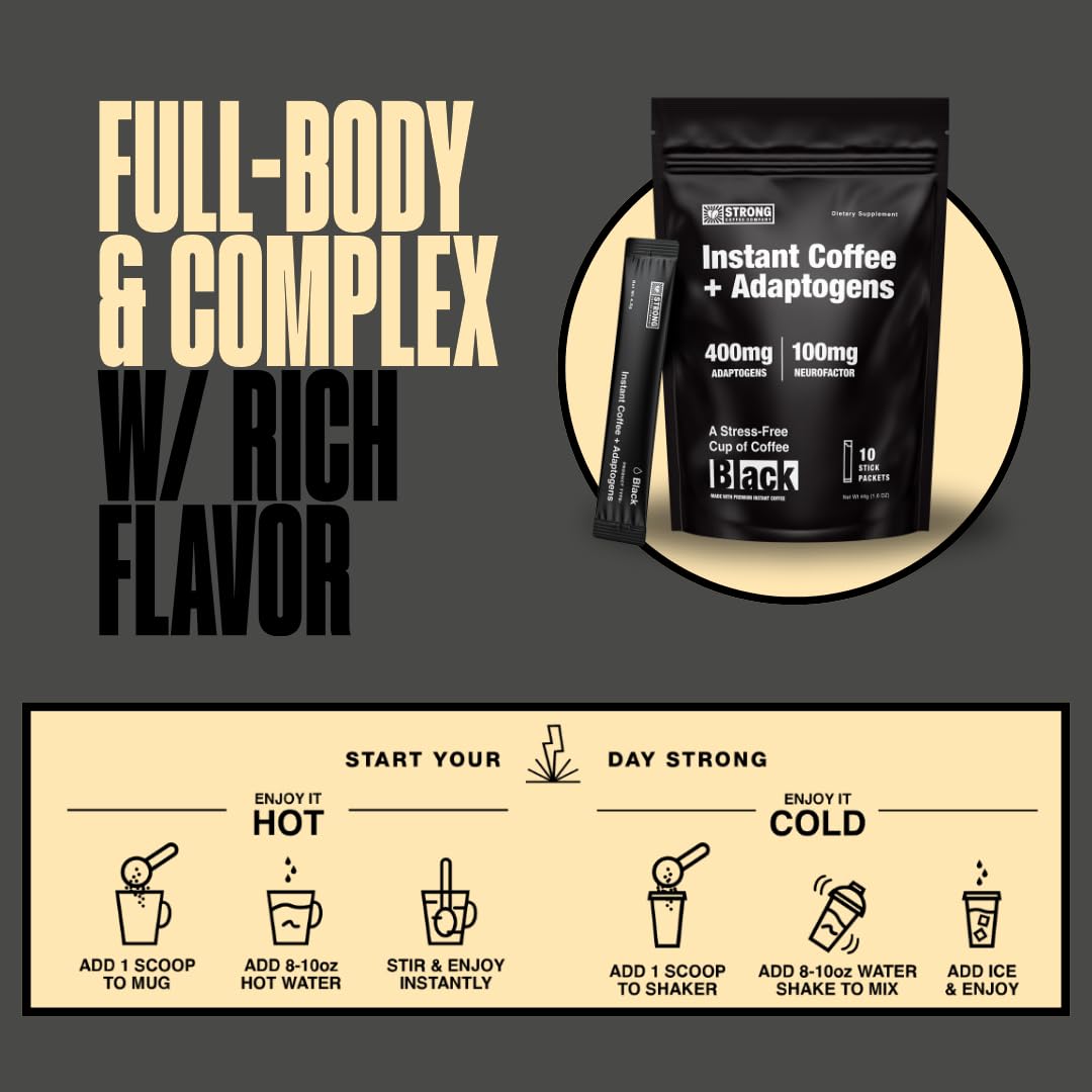 STRONG COFFEE COMPANY instant coffee glass with ice for refreshing cold brew.