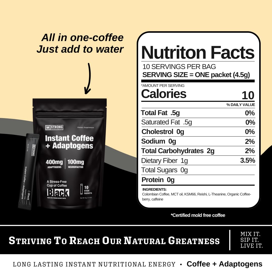 STRONG COFFEE COMPANY instant coffee mug steaming with rich aroma.