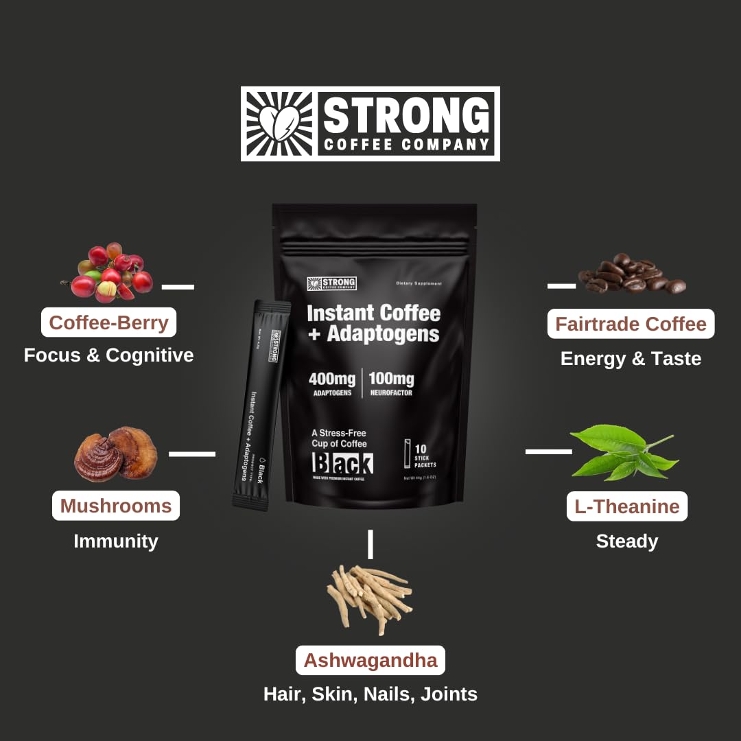STRONG COFFEE COMPANY instant coffee packet dispense showing measured scoop for consistency.