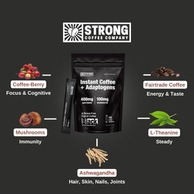 STRONG COFFEE COMPANY instant coffee packet dispense showing measured scoop for consistency.