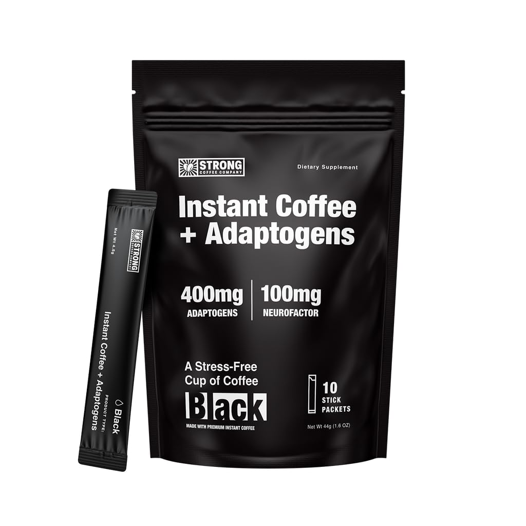 STRONG COFFEE COMPANY instant coffee packet open for quick, on-the-go caffeine.