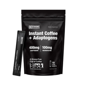 STRONG COFFEE COMPANY instant coffee packet open for quick, on-the-go caffeine.