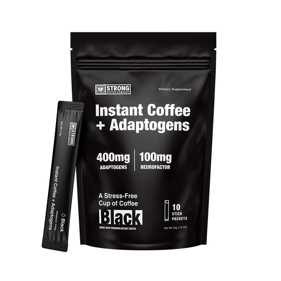 STRONG COFFEE COMPANY instant coffee packet open for quick, on-the-go caffeine.