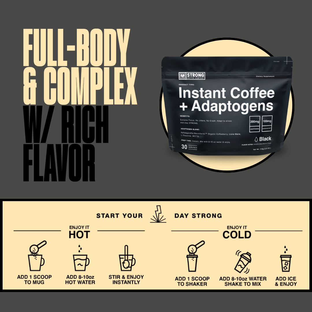 STRONG COFFEE COMPANY Instant Black Coffee packaging highlights nootropics and adaptogens