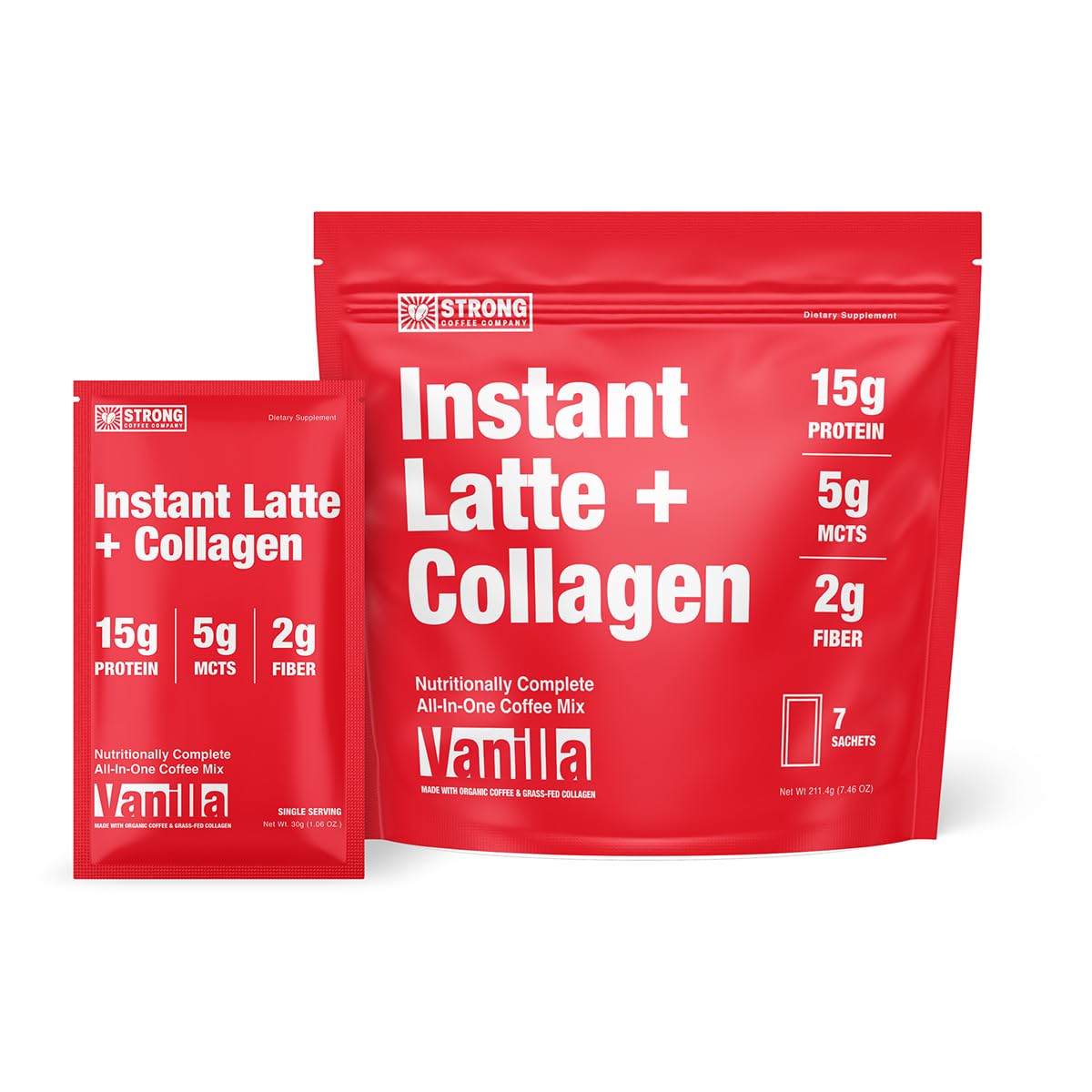 Strong Coffee Co. vanilla instant latte pack for on-the-go energy.