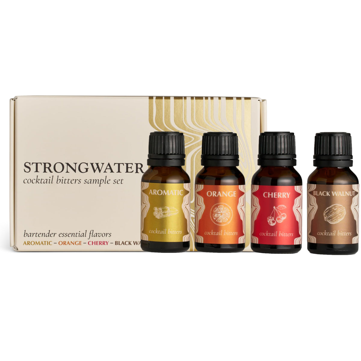 Strongwater Bitters Sample Set bottles pour, ideal for quick flavor testing.