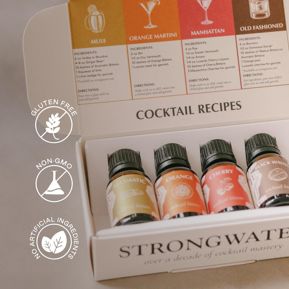 Serving glass with Strongwater bitters for refined cocktails.