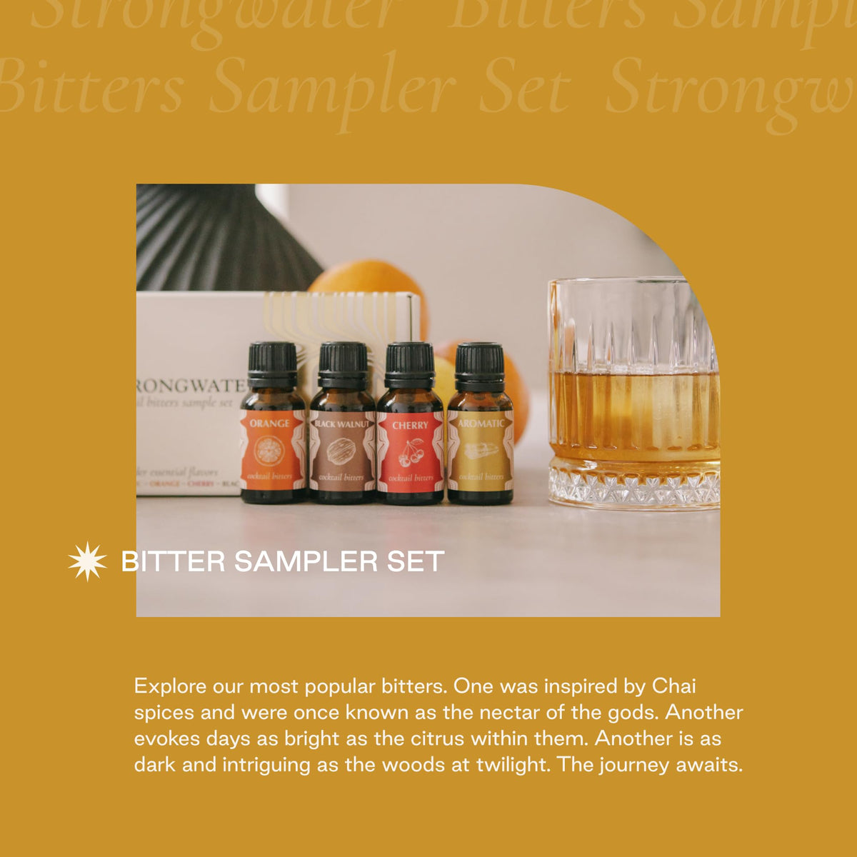 Tasting setup with Strongwater bitters exploring cocktail flavor profiles.