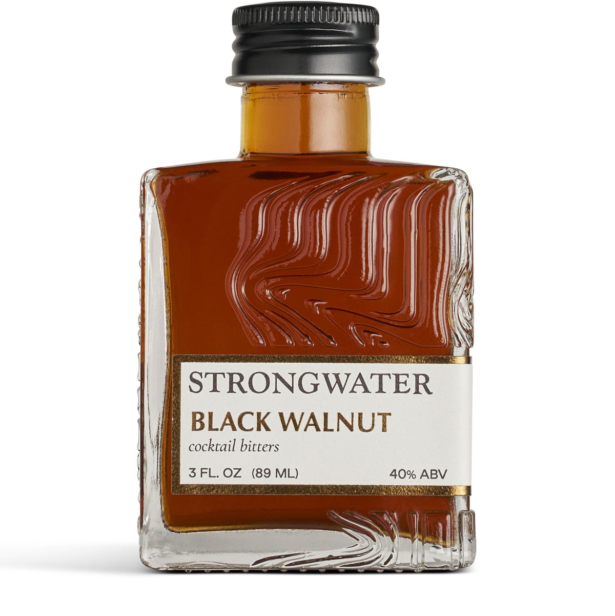 Strongwater Black Walnut Bitters bottle shown for rich nutty flavor in cocktails.