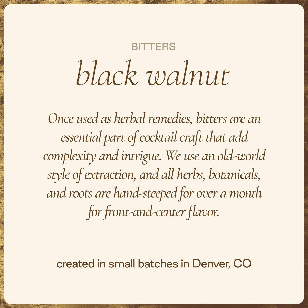 Strongwater Black Walnut Bitters flavor profile blends earthy nuts with baking spices.