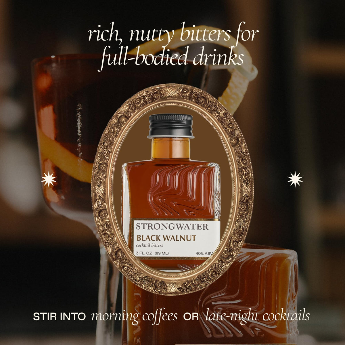 Strongwater Black Walnut Bitters ingredients highlight real walnuts and warm spices.