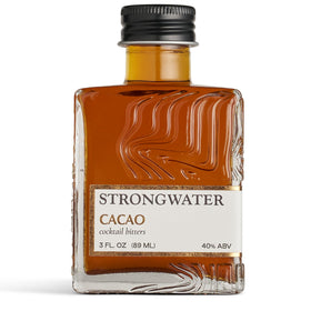 Strongwater Cacao Bitters bottle view showing chocolate-forward bottle aesthetics.