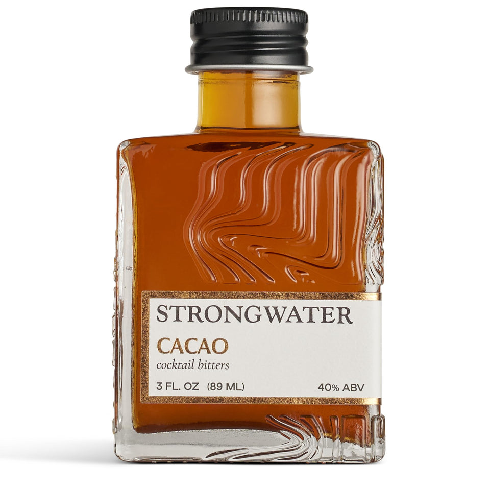 Strongwater Cacao Bitters bottle view showing chocolate-forward bottle aesthetics.