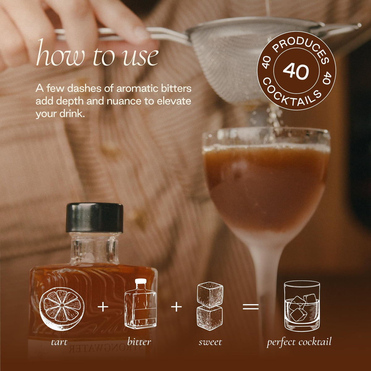 Old fashioned setup featuring Strongwater Cacao Bitters for depth.