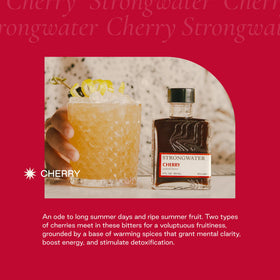 Pouring Strongwater Cherry Bitters into a glass for a vibrant cocktail.
