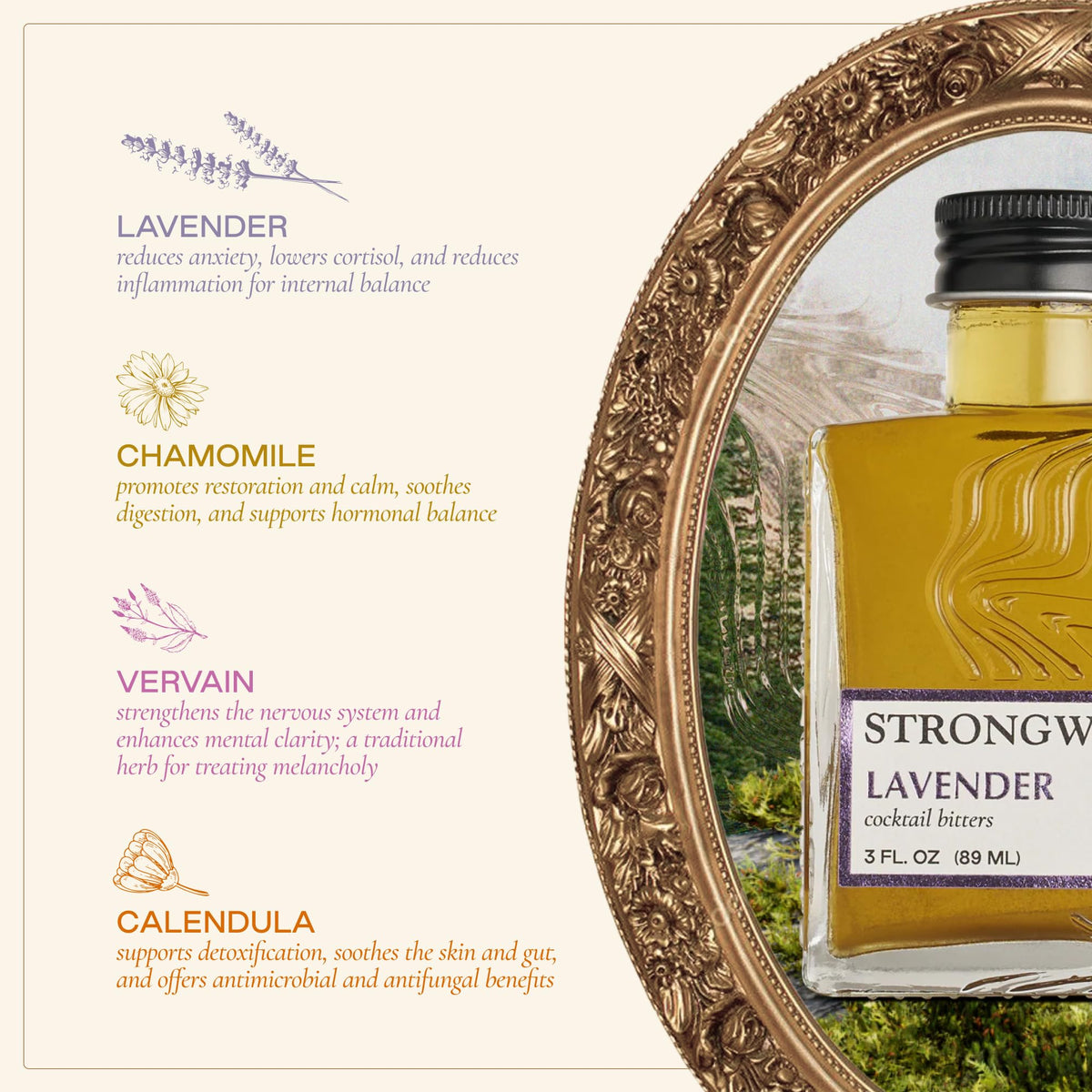 Strongwater Lavender Bitters color contrast enhances cocktail aesthetics.
