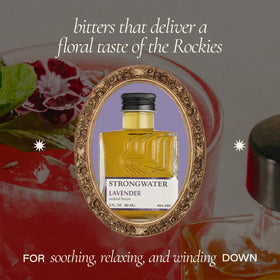 Strongwater Lavender Bitters ingredients closeup highlights lavender, chamomile, calendula.