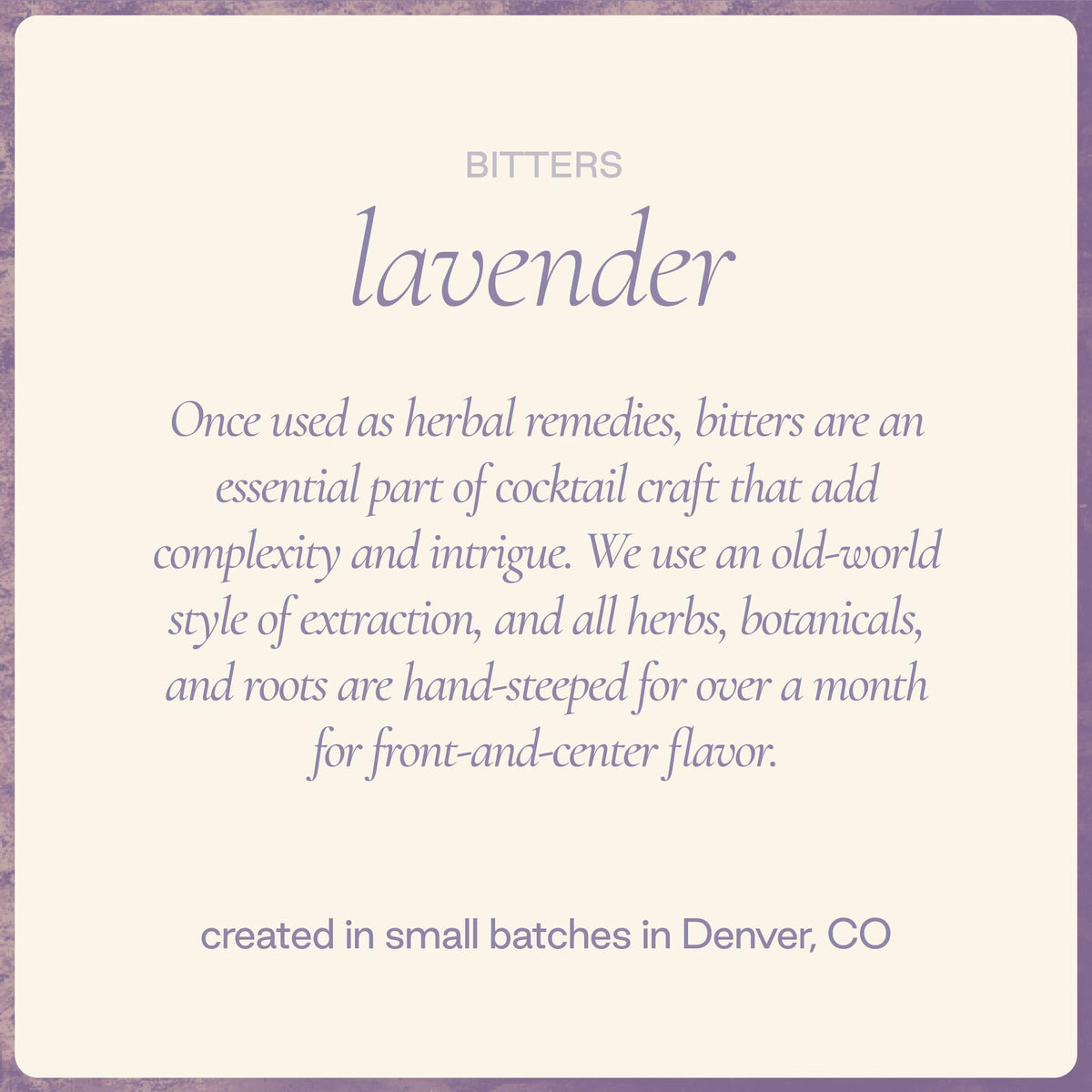 Strongwater Lavender Bitters packaging display communicates handmade, small-batch quality.