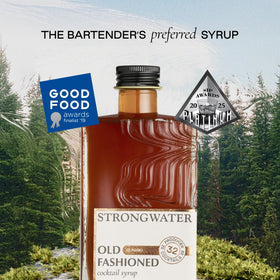 Label close-up of Strongwater Old Fashioned mix, premium quality