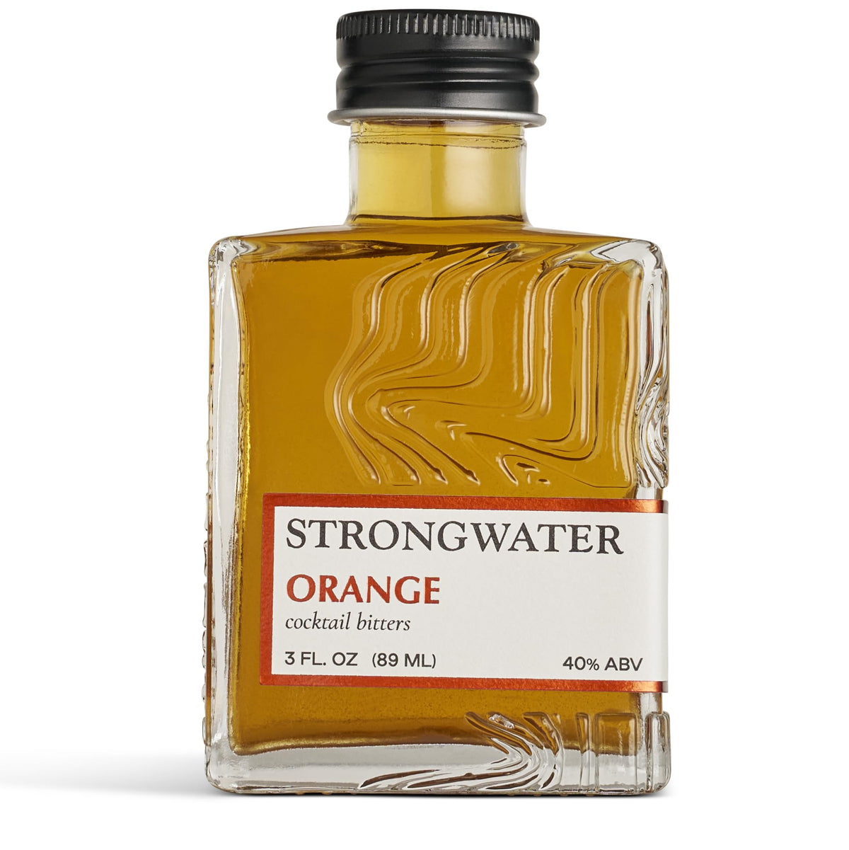 Strongwater Orange Bitters bottle highlighting the citrus-forward profile for elevated cocktails.