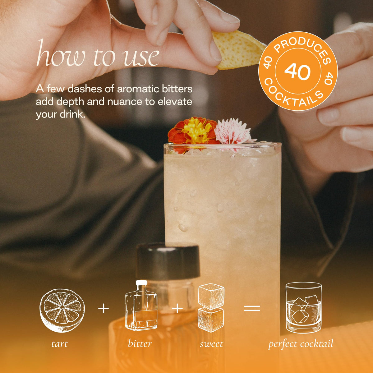 Label detail shows non-GMO, gluten-free, no added sugar in Strongwater bitters.