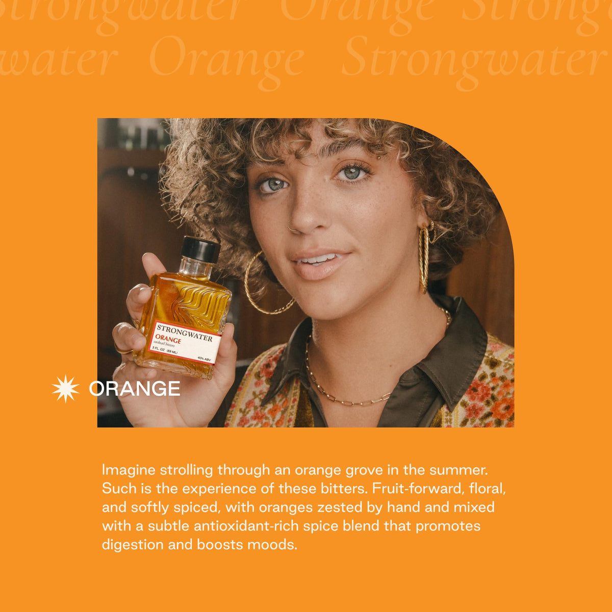Hand-peeled orange zest featured for bright, balanced citrus in Strongwater bitters.