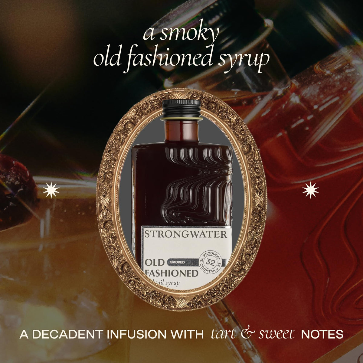 Strongwater smoked lapsang souchong tea syrup bottle with rich, layered flavors.