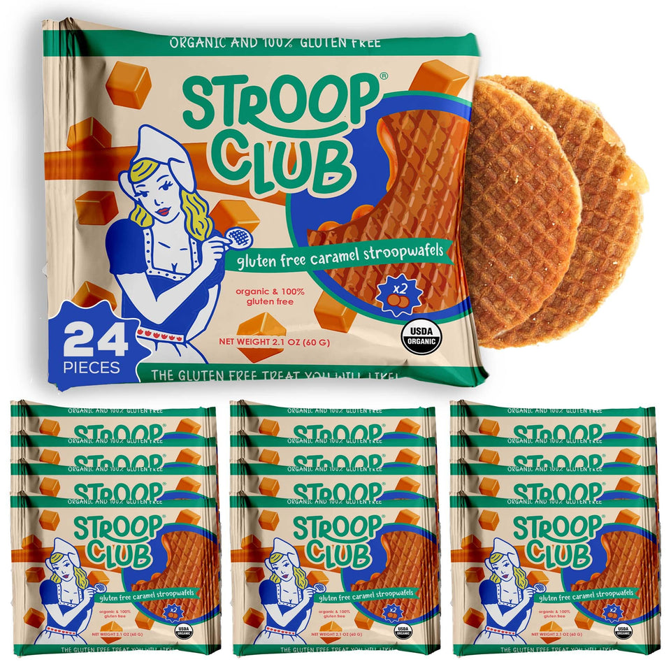 Stroop Club gluten-free caramel stroopwafel pack, ideal for on-the-go snacking