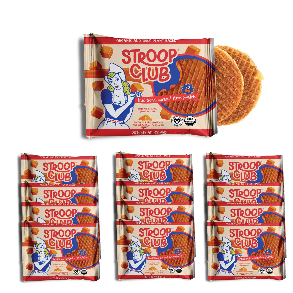 Stroop Club organic stroopwafel packaging shows convenient vegan snack option.