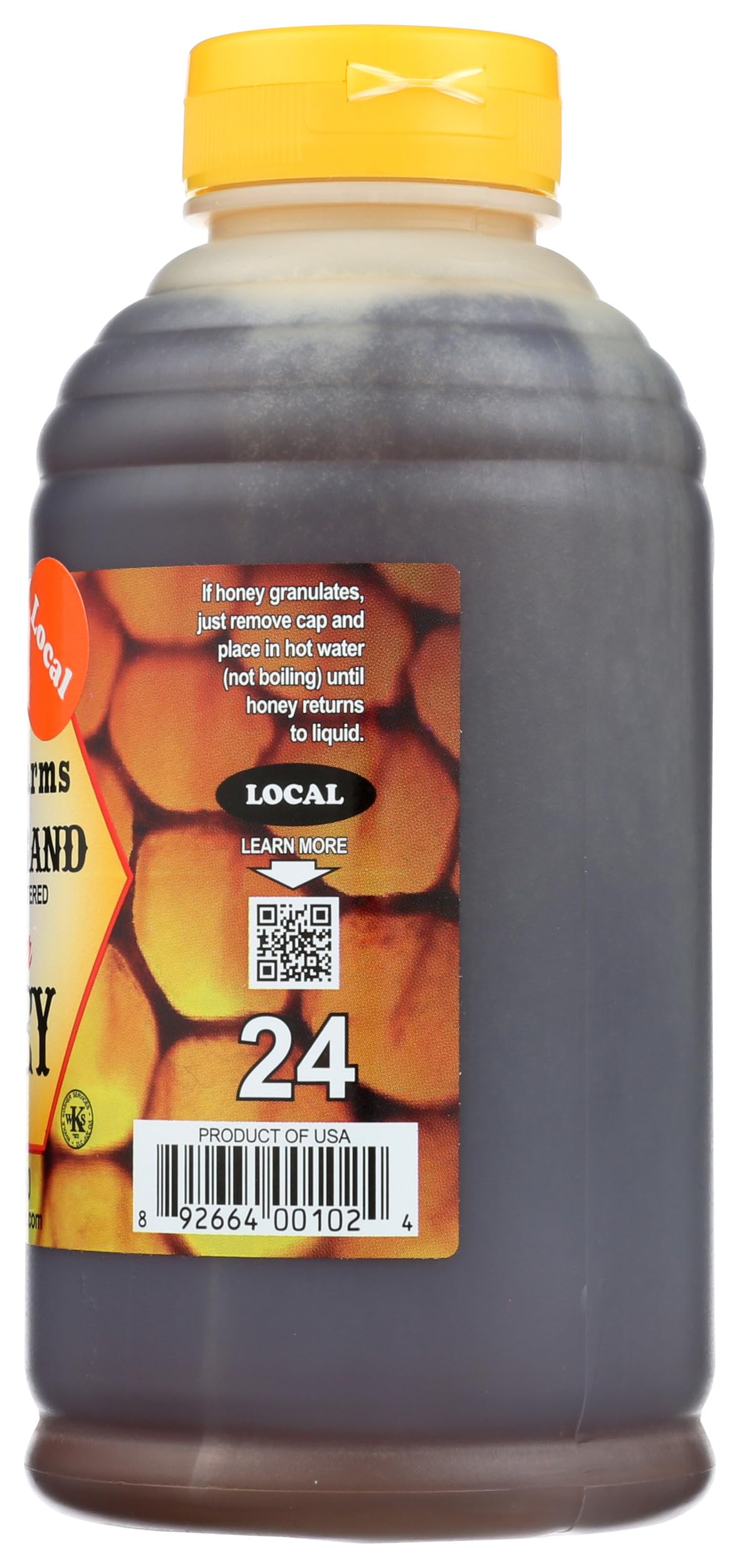 Stroope Farms Wildflower Honey with wooden dipper, smooth texture and aroma