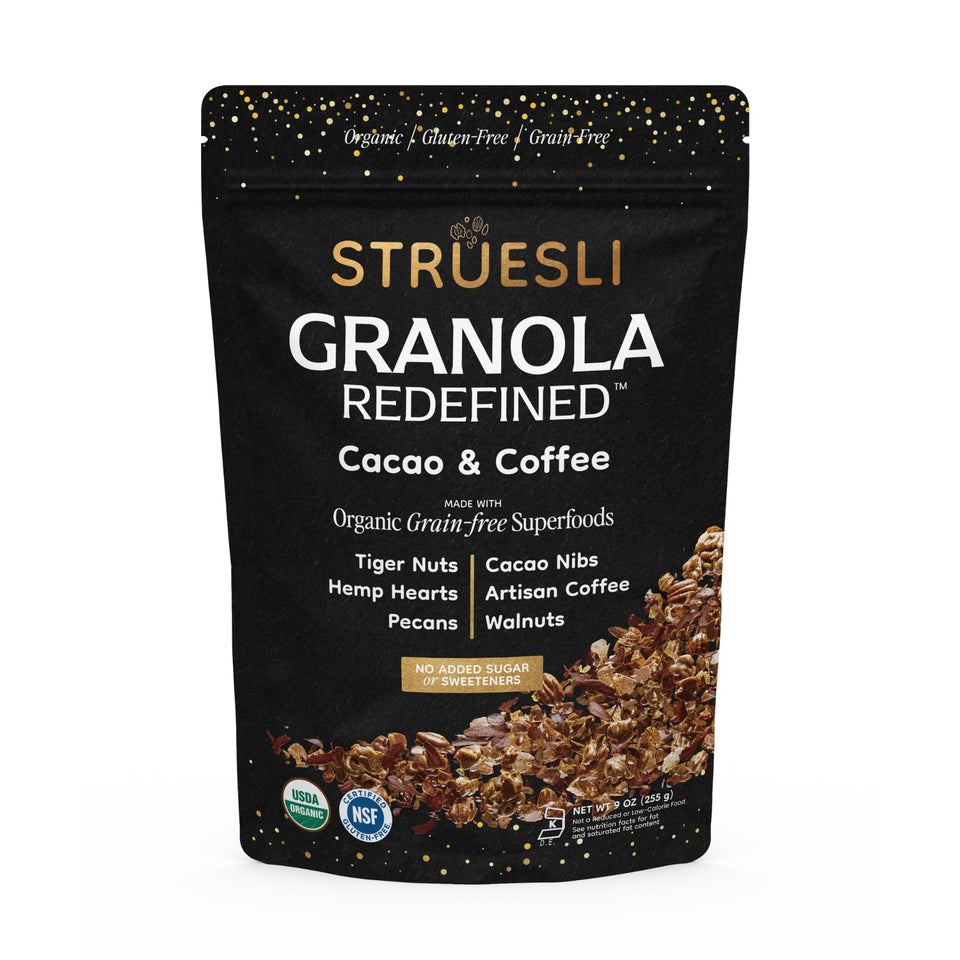 Struesli cacao & coffee granola bowl, rich flavor and crunch for breakfast.