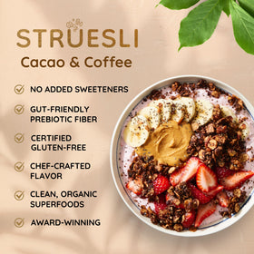 Struesli cacao nibs and hemp hearts granola detail highlights bold texture and nuttiness.