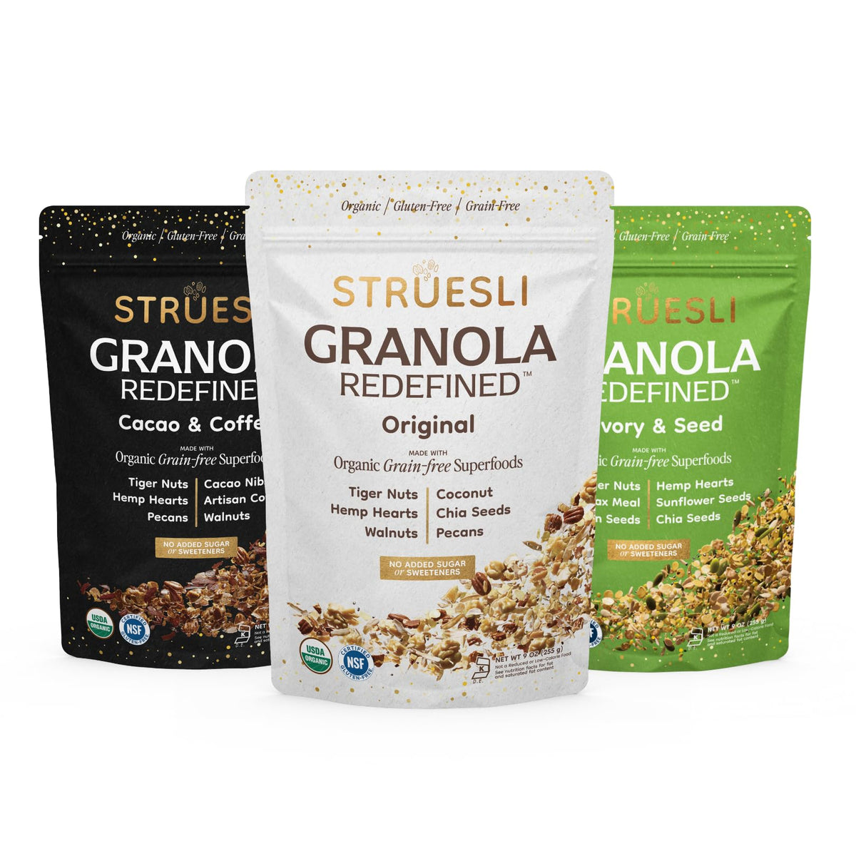Struesli Original bag front showing grain-free crunch for yogurt topping