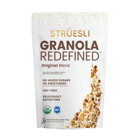 Struesli Original Granola jar top view for pantry appeal and clean label snacking.