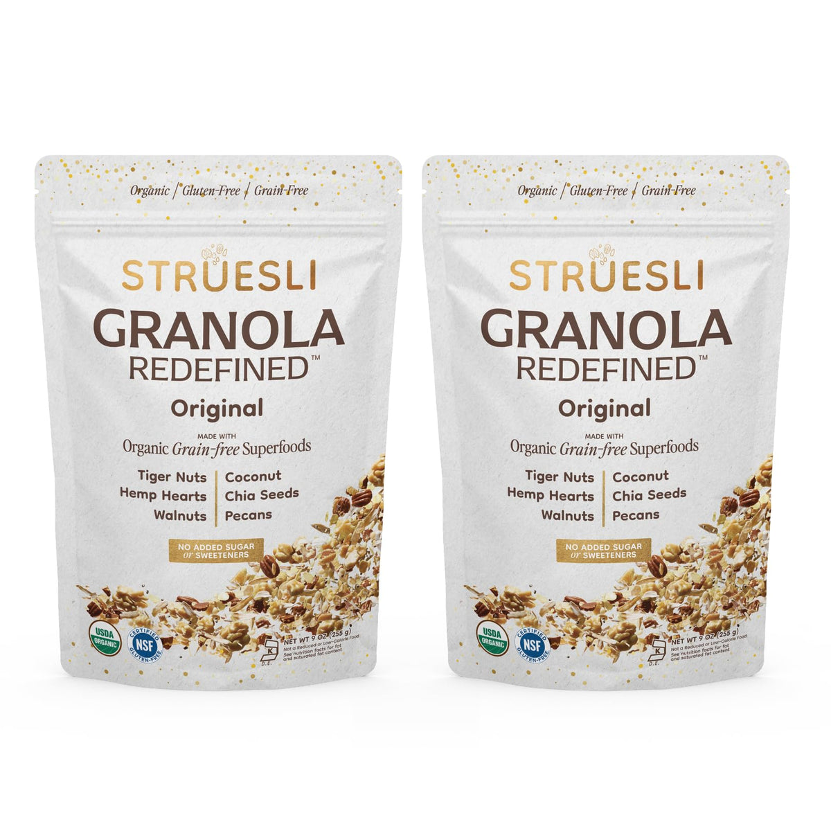 Struesli Original Granola pack front shows a gluten-free plant-based snack ready to enjoy.