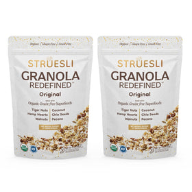 Struesli Original Granola pack front shows a gluten-free plant-based snack ready to enjoy.
