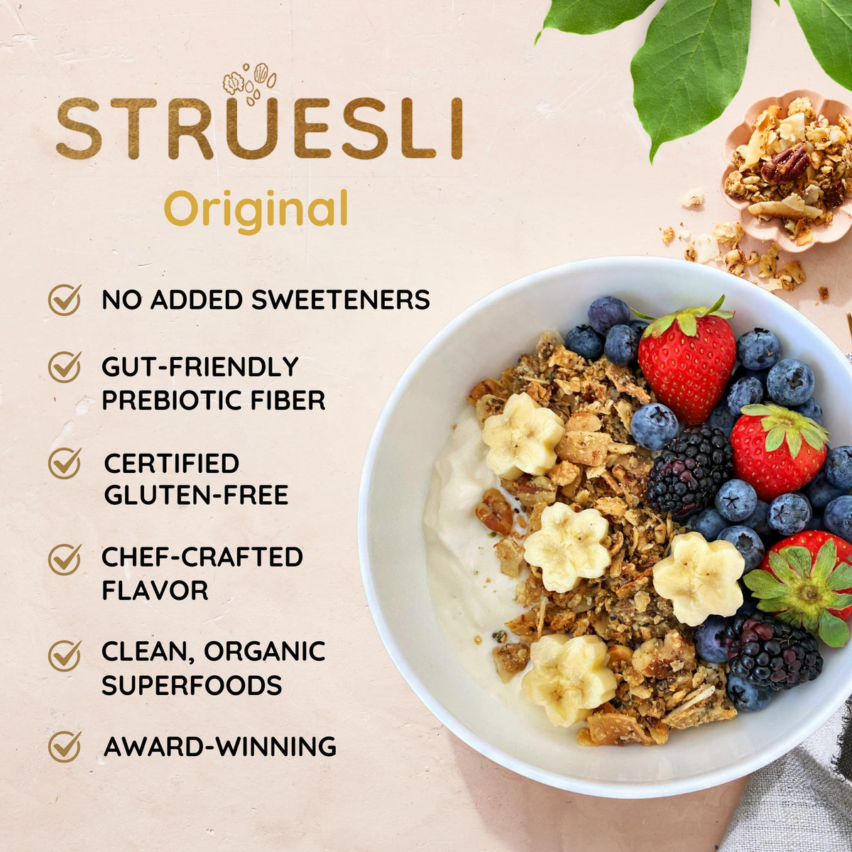 Struesli Original Granola tiger nuts close-up highlights natural sweetness.