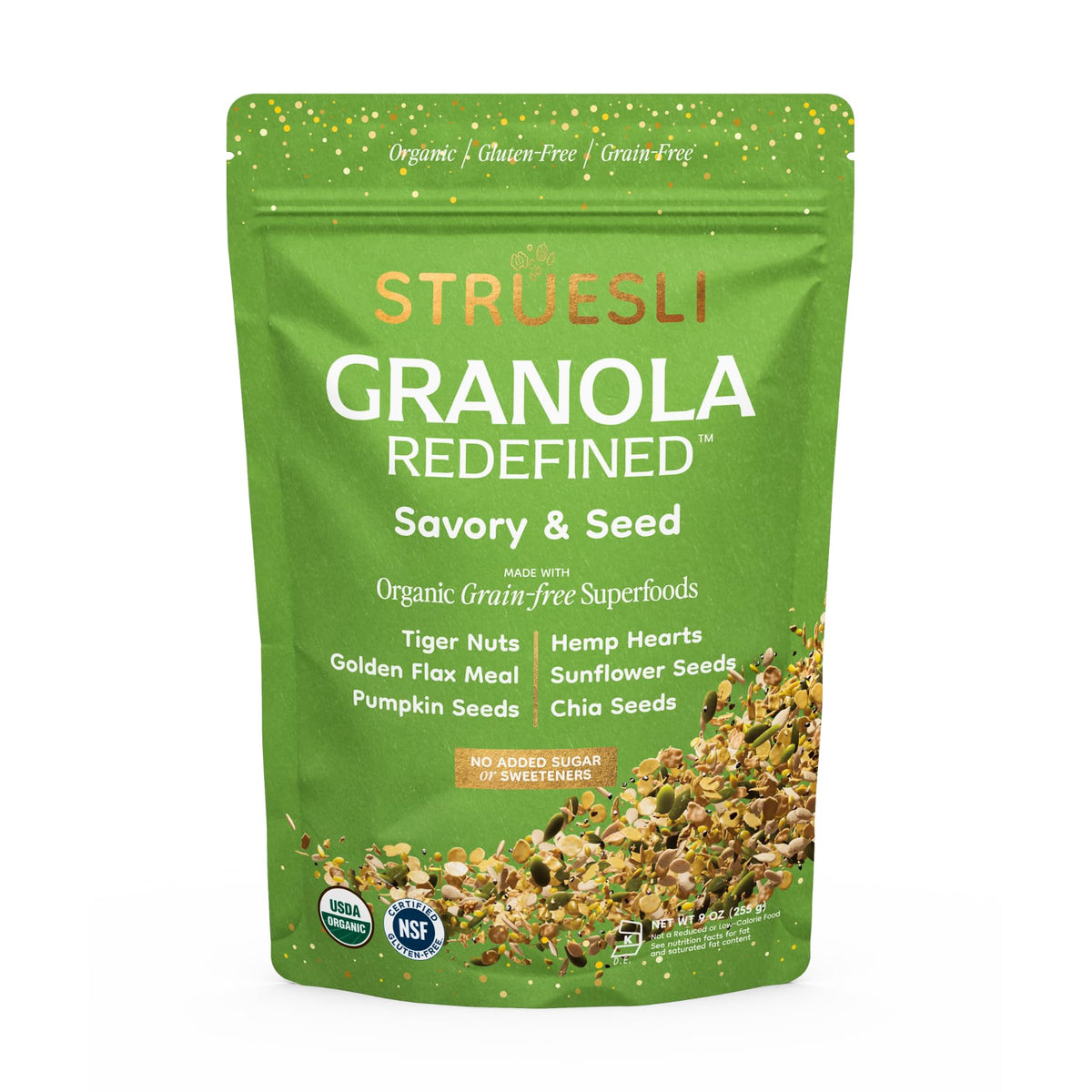 Struesli Savory & Seed Granola bag showing grain-free plant-based snack.